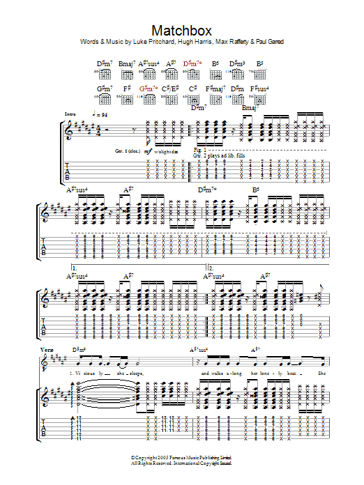 The Kooks Matchbox Sheet Music Notes & Chords for Guitar Tab - Download or Print PDF