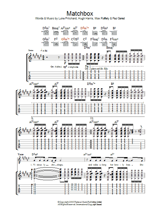 The Kooks Matchbox Sheet Music Notes & Chords for Lyrics & Chords - Download or Print PDF