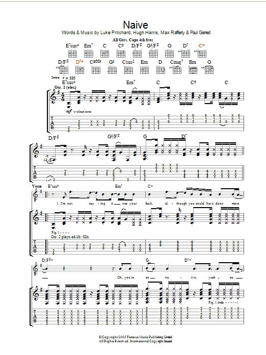 The Kooks Naive Sheet Music Notes & Chords for Piano Chords/Lyrics - Download or Print PDF