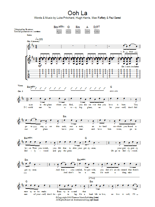 The Kooks Ooh La Sheet Music Notes & Chords for Lyrics & Chords - Download or Print PDF