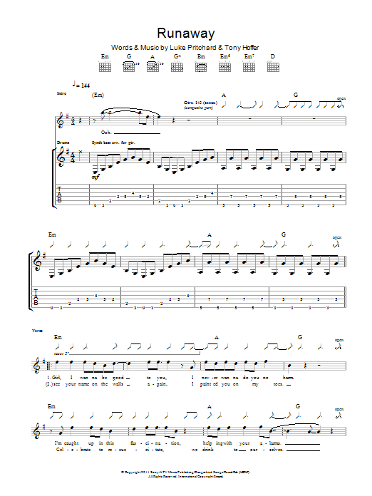 The Kooks Runaway Sheet Music Notes & Chords for Guitar Tab - Download or Print PDF