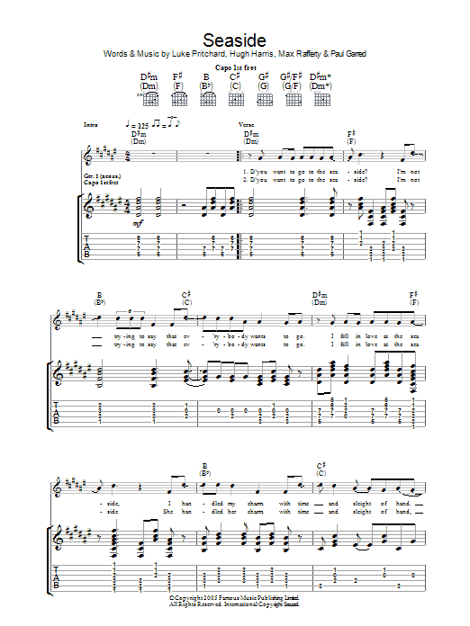 The Kooks Seaside Sheet Music Notes & Chords for Lyrics & Chords - Download or Print PDF