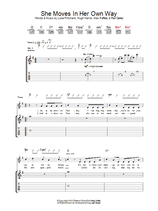 The Kooks She Moves In Her Own Way Sheet Music Notes & Chords for Piano, Vocal & Guitar (Right-Hand Melody) - Download or Print PDF