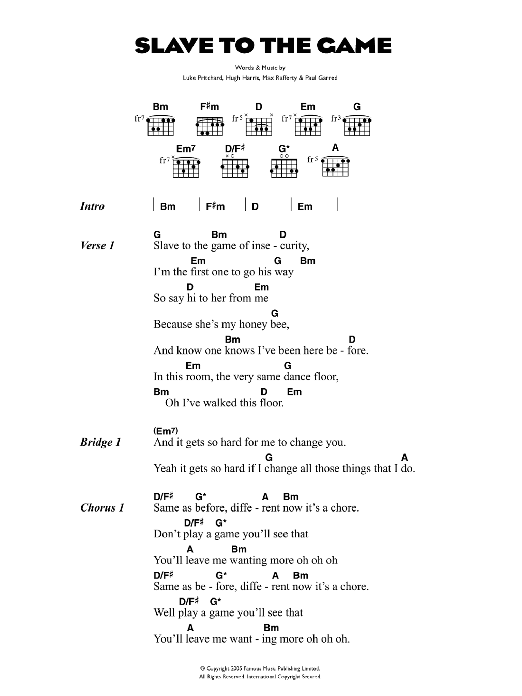 The Kooks Slave To The Game Sheet Music Notes & Chords for Lyrics & Chords - Download or Print PDF