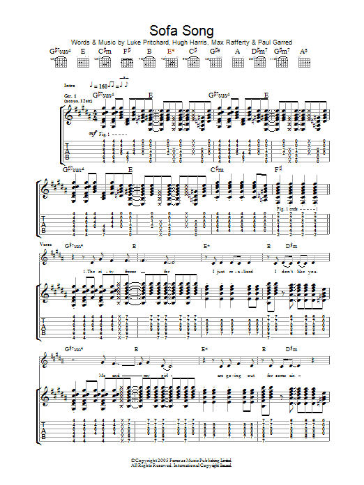 The Kooks Sofa Song Sheet Music Notes & Chords for Guitar Tab - Download or Print PDF