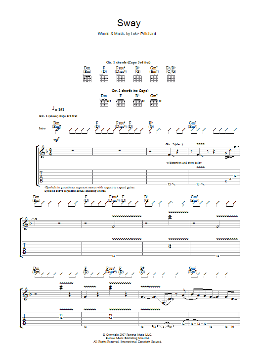 The Kooks Sway Sheet Music Notes & Chords for Guitar Tab - Download or Print PDF