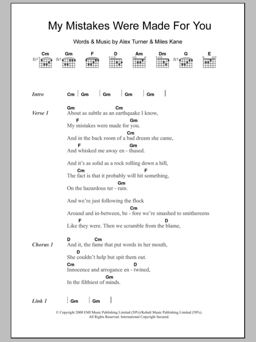 The Last Shadow Puppets My Mistakes Were Made For You Sheet Music Notes & Chords for Lyrics & Chords - Download or Print PDF