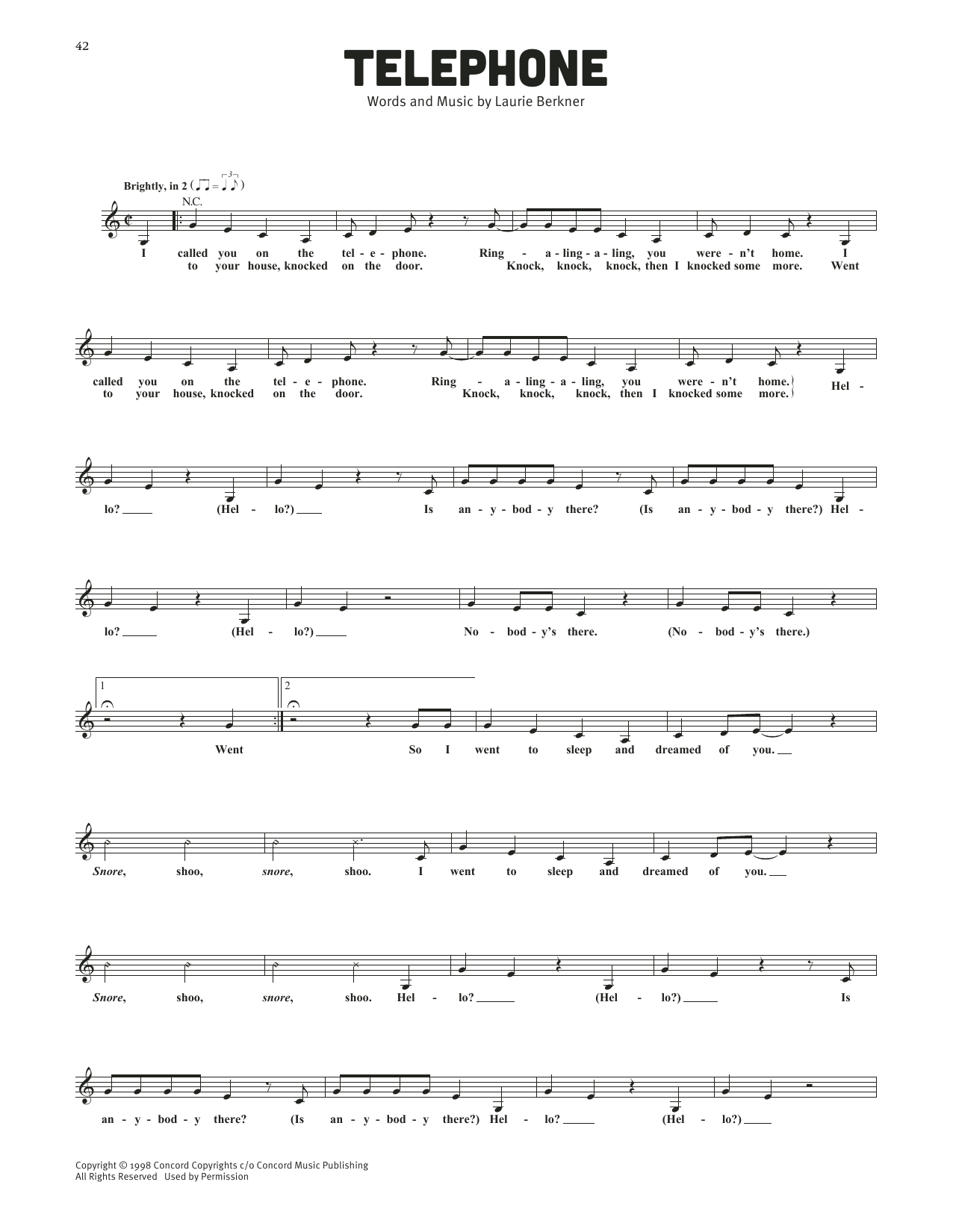 The Laurie Berkner Band Telephone Sheet Music Notes & Chords for Lead Sheet / Fake Book - Download or Print PDF The Laurie Berkner Band Telephone Sheet Music Notes & Chords for Lead Sheet / Fake Book - Download or Print PDF