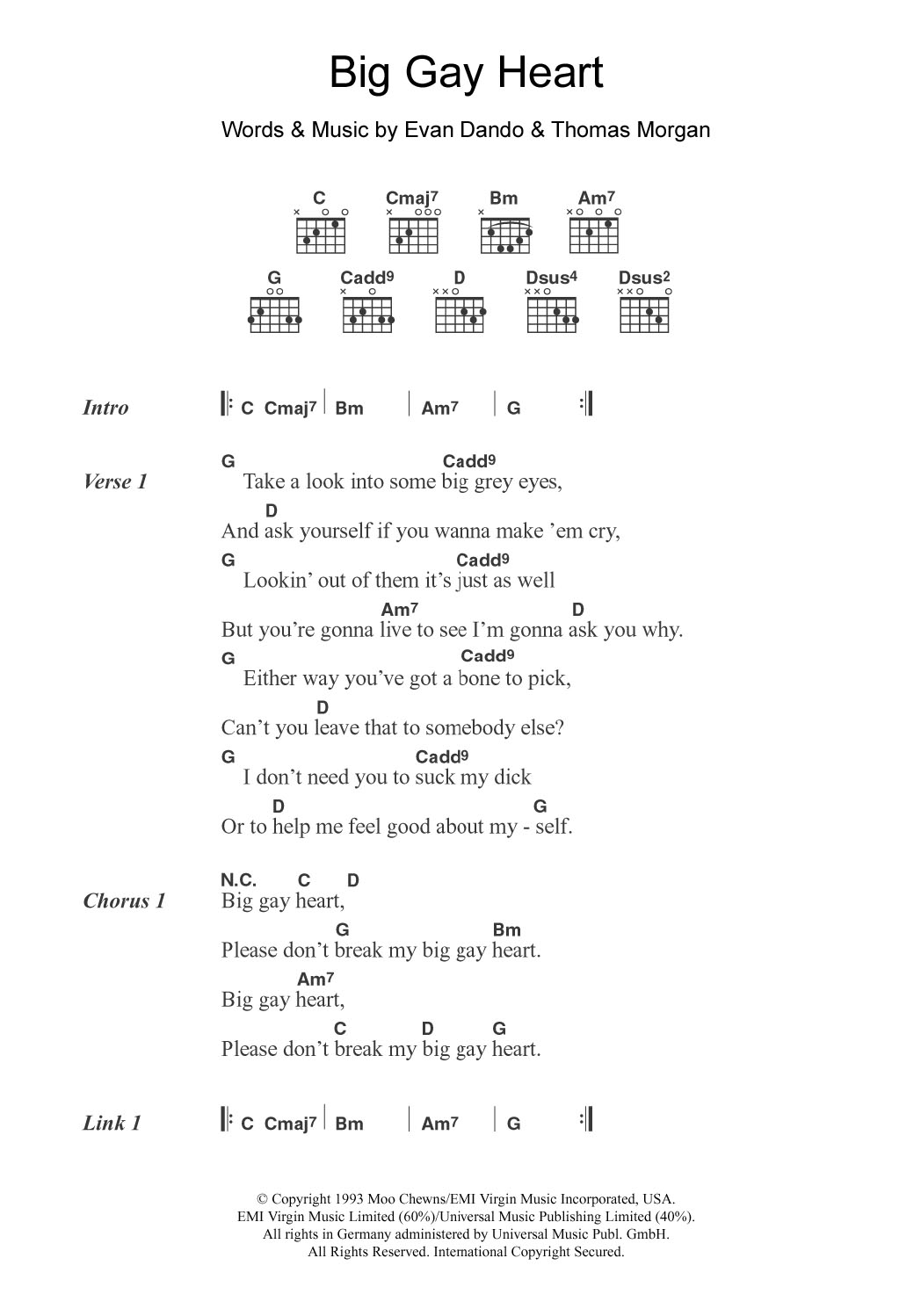 The Lemonheads Big Gay Heart Sheet Music Notes & Chords for Lyrics & Chords - Download or Print PDF