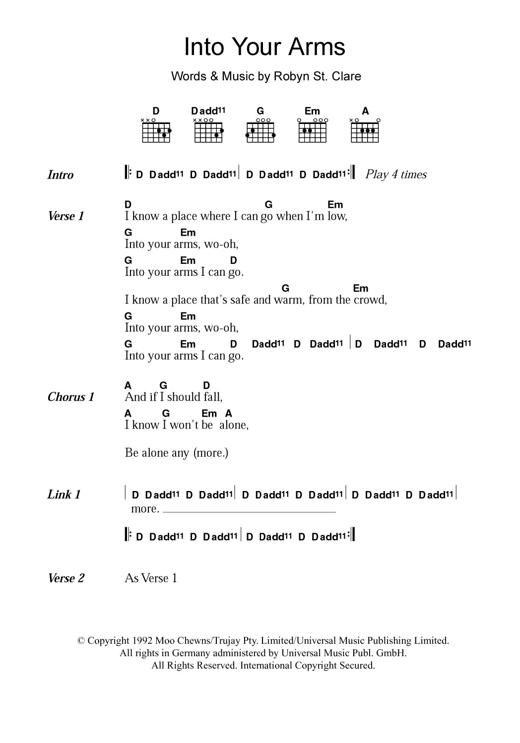 The Lemonheads Into Your Arms Sheet Music Notes & Chords for Guitar Chords/Lyrics - Download or Print PDF