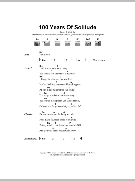 The Levellers 100 Years Of Solitude Sheet Music Notes & Chords for Lyrics & Chords - Download or Print PDF