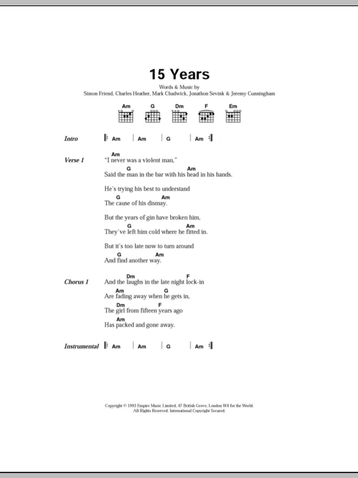 The Levellers 15 Years Sheet Music Notes & Chords for Lyrics & Chords - Download or Print PDF