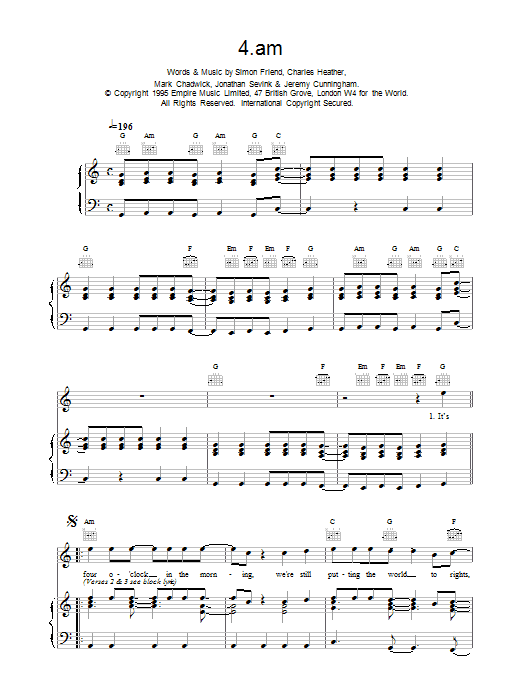 The Levellers 4am Sheet Music Notes & Chords for Piano, Vocal & Guitar (Right-Hand Melody) - Download or Print PDF