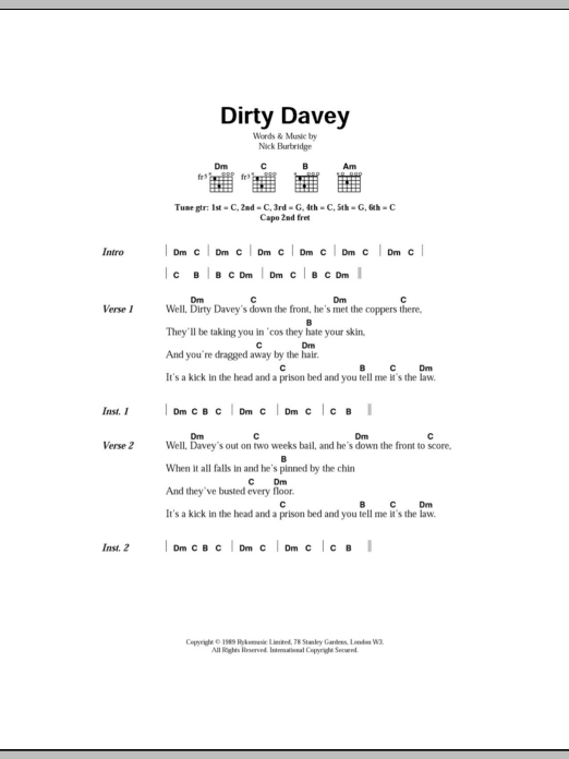 The Levellers Dirty Davey Sheet Music Notes & Chords for Lyrics & Chords - Download or Print PDF