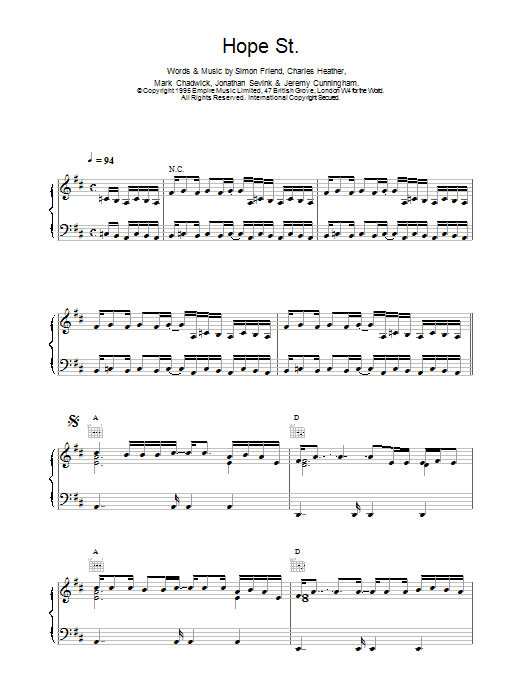 The Levellers Hope Street Sheet Music Notes & Chords for Piano, Vocal & Guitar (Right-Hand Melody) - Download or Print PDF