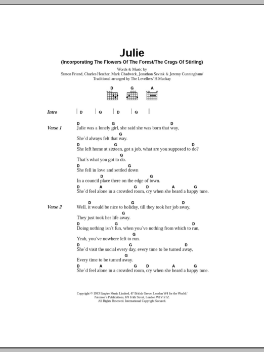 The Levellers Julie Sheet Music Notes & Chords for Lyrics & Chords - Download or Print PDF