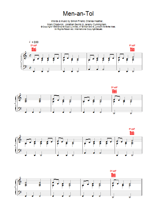 The Levellers Men-an-Tol Sheet Music Notes & Chords for Piano, Vocal & Guitar (Right-Hand Melody) - Download or Print PDF