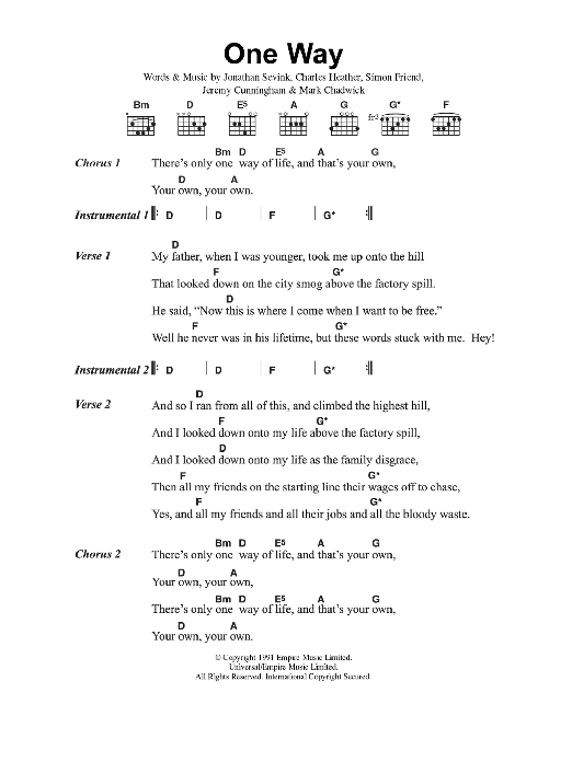 The Levellers One Way Sheet Music Notes & Chords for Lyrics & Chords - Download or Print PDF