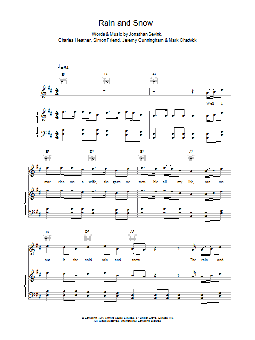 The Levellers Rain And Snow Sheet Music Notes & Chords for Piano, Vocal & Guitar (Right-Hand Melody) - Download or Print PDF