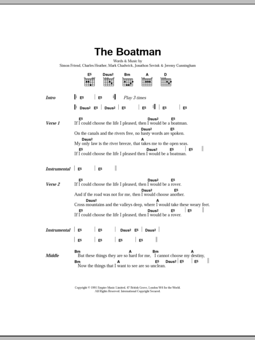 The Levellers The Boatman Sheet Music Notes & Chords for Lyrics & Chords - Download or Print PDF