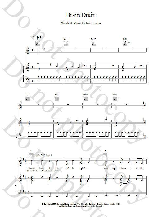 The Lightning Seeds Brain Drain Sheet Music Notes & Chords for Piano, Vocal & Guitar (Right-Hand Melody) - Download or Print PDF