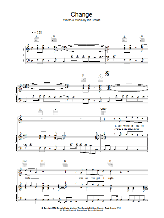 The Lightning Seeds Change Sheet Music Notes & Chords for Piano, Vocal & Guitar (Right-Hand Melody) - Download or Print PDF
