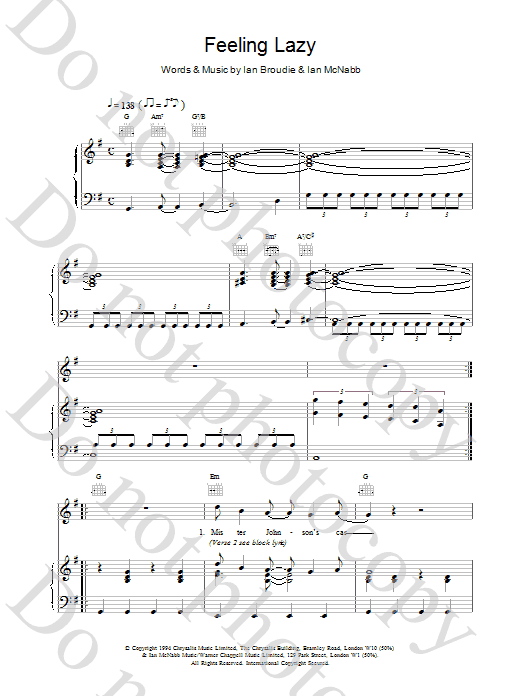 The Lightning Seeds Feeling Lazy Sheet Music Notes & Chords for Piano, Vocal & Guitar (Right-Hand Melody) - Download or Print PDF