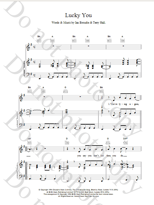 The Lightning Seeds Lucky You Sheet Music Notes & Chords for Piano, Vocal & Guitar (Right-Hand Melody) - Download or Print PDF