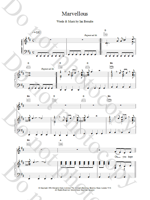 The Lightning Seeds Marvellous Sheet Music Notes & Chords for Piano, Vocal & Guitar (Right-Hand Melody) - Download or Print PDF