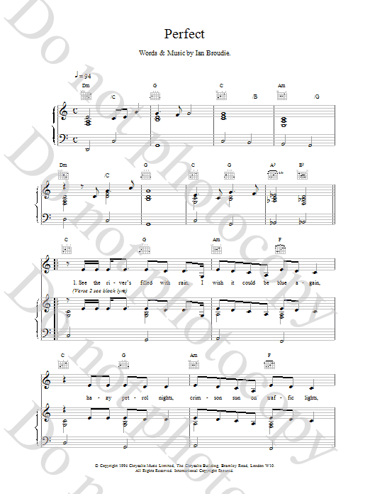 The Lightning Seeds Perfect Sheet Music Notes & Chords for Piano, Vocal & Guitar (Right-Hand Melody) - Download or Print PDF