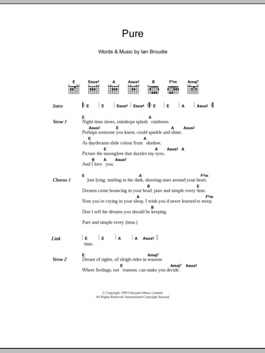 The Lightning Seeds Pure Sheet Music Notes & Chords for Lyrics & Piano Chords - Download or Print PDF