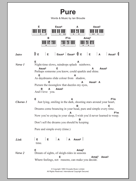 The Lightning Seeds Pure Sheet Music Notes & Chords for Lyrics & Piano Chords - Download or Print PDF