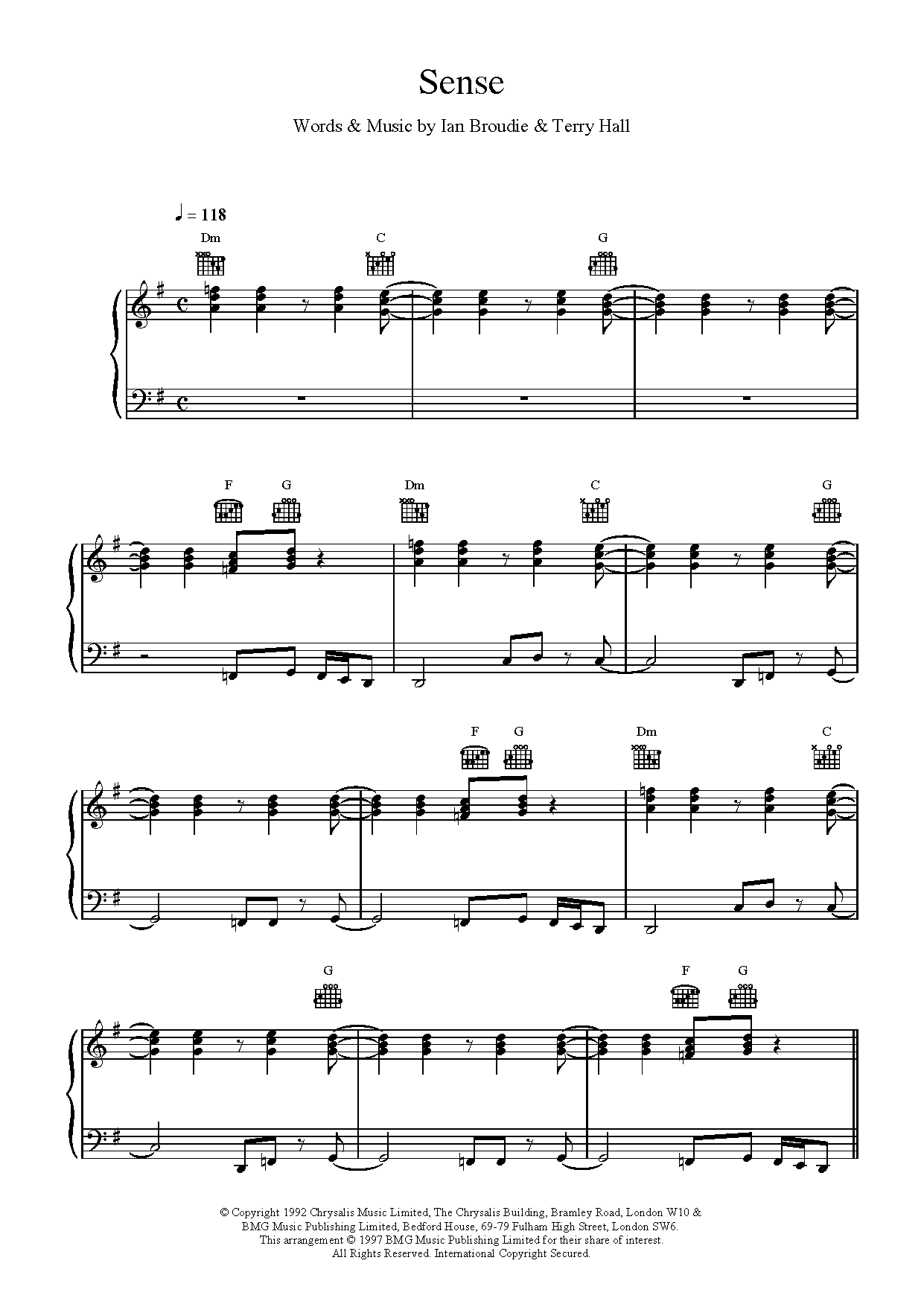 The Lightning Seeds Sense Sheet Music Notes & Chords for Piano, Vocal & Guitar (Right-Hand Melody) - Download or Print PDF