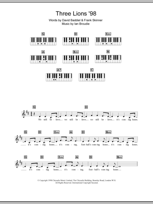 The Lightning Seeds Three Lions '98 (England's World Cup '98 Theme) Sheet Music Notes & Chords for Keyboard - Download or Print PDF