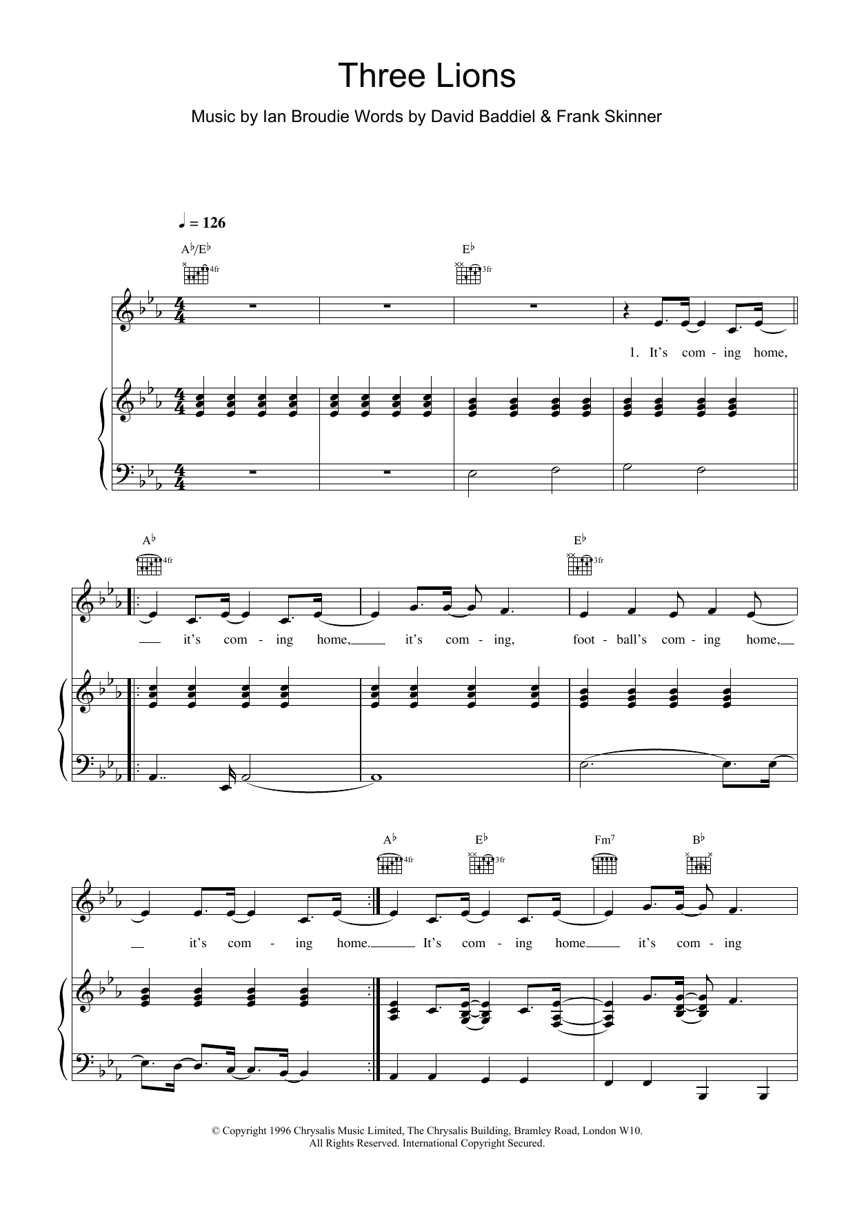 The Lightning Seeds Three Lions Sheet Music Notes & Chords for Piano, Vocal & Guitar (Right-Hand Melody) - Download or Print PDF