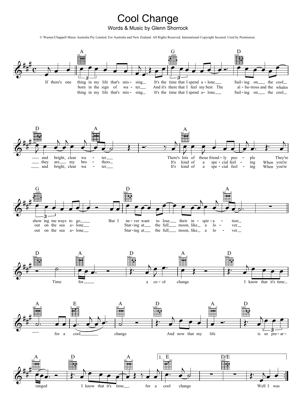 The Little River Band Cool Change Sheet Music Notes & Chords for Melody Line, Lyrics & Chords - Download or Print PDF