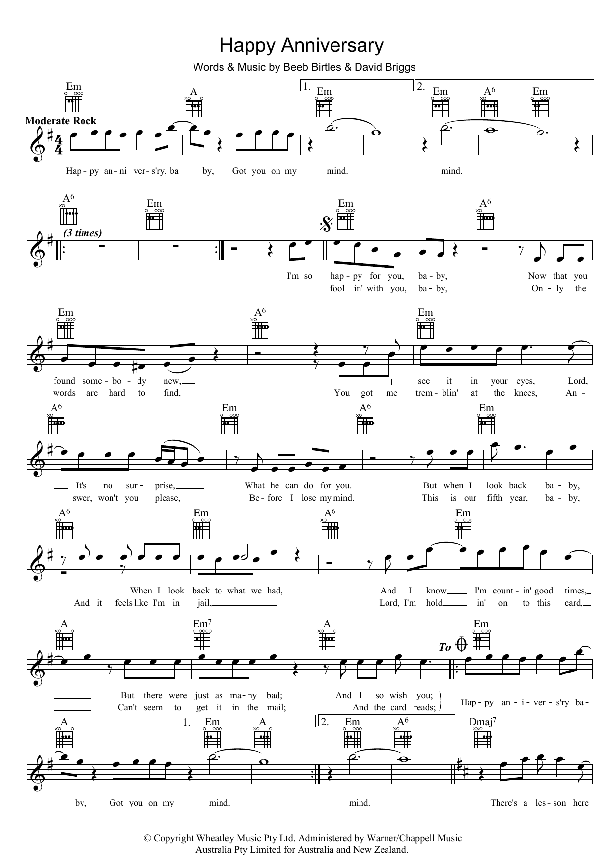 The Little River Band Happy Anniversary Sheet Music Notes & Chords for Melody Line, Lyrics & Chords - Download or Print PDF