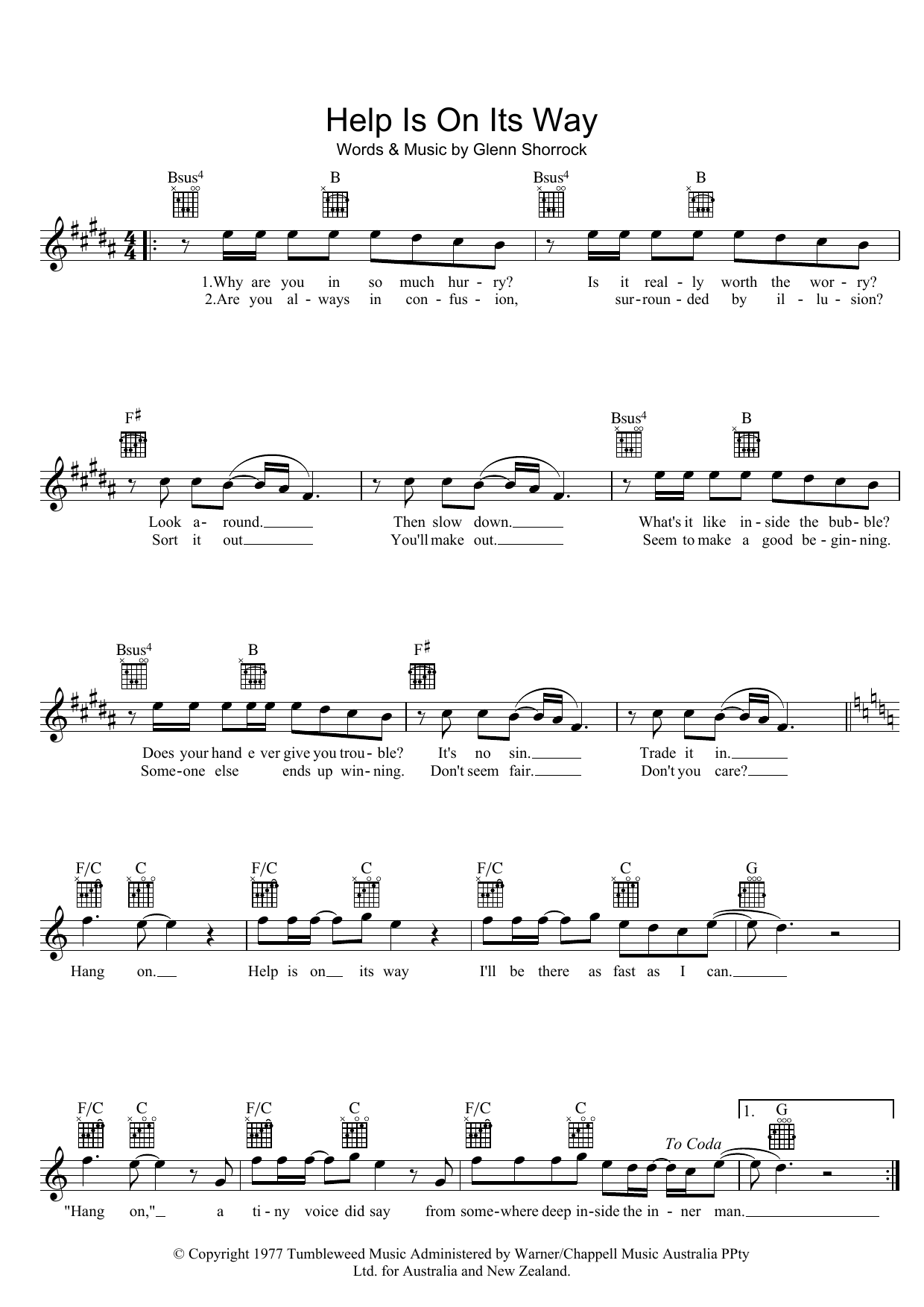 The Little River Band Help Is On Its Way Sheet Music Notes & Chords for Melody Line, Lyrics & Chords - Download or Print PDF