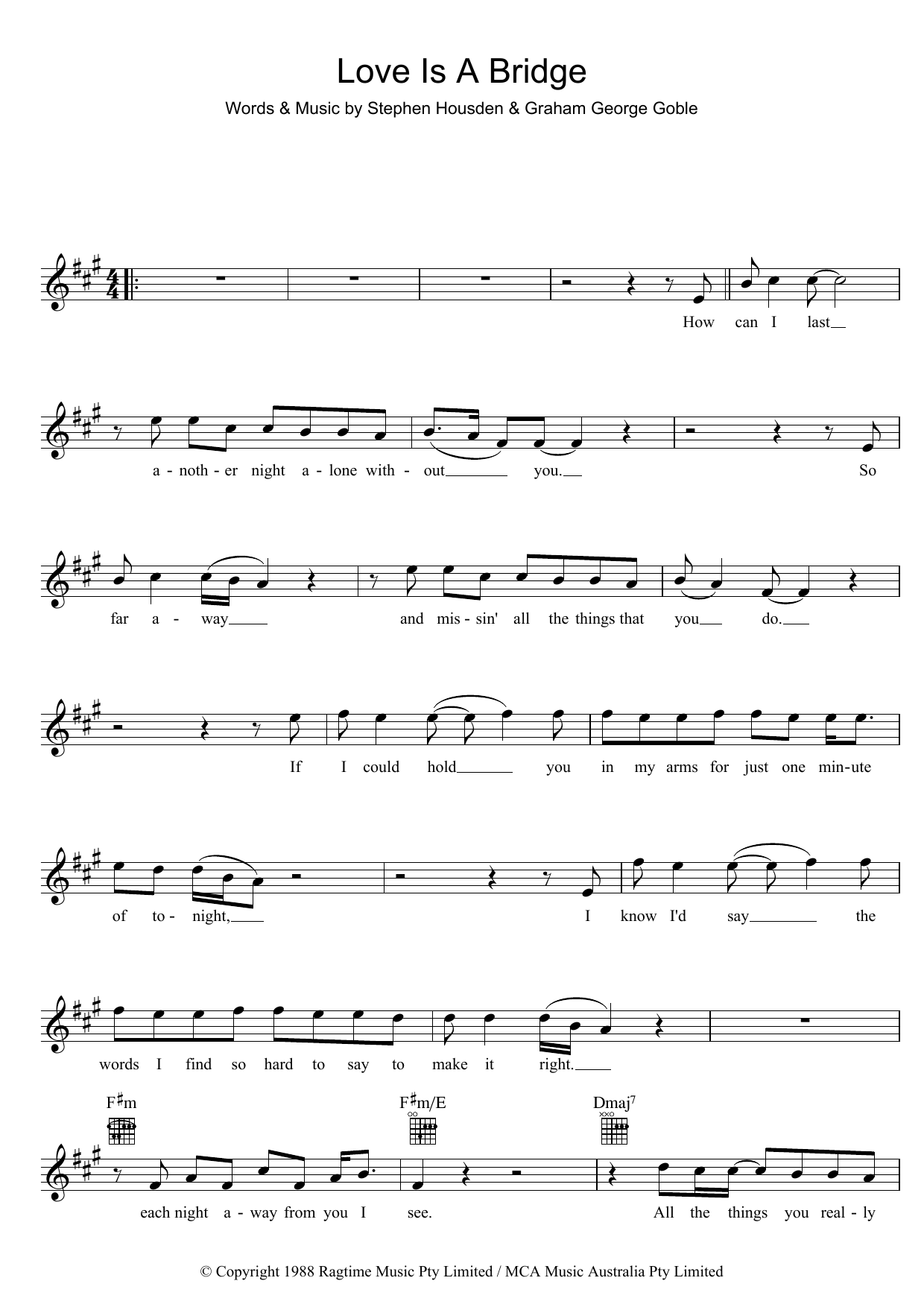 The Little River Band Love Is A Bridge Sheet Music Notes & Chords for Melody Line, Lyrics & Chords - Download or Print PDF