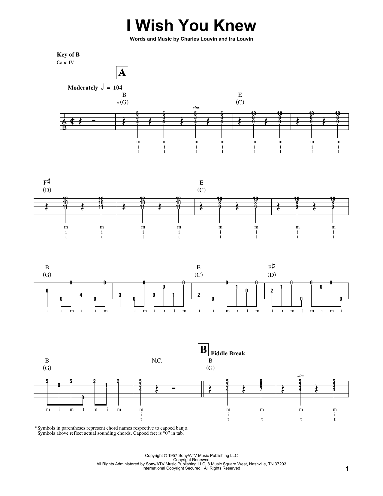The Louvin Brothers I Wish You Knew Sheet Music Notes & Chords for Banjo Tab - Download or Print PDF