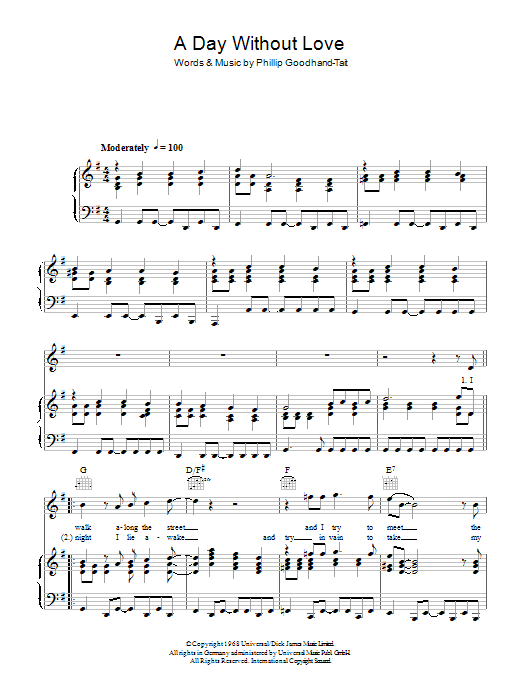 The Love Affair A Day Without Love Sheet Music Notes & Chords for Piano, Vocal & Guitar (Right-Hand Melody) - Download or Print PDF