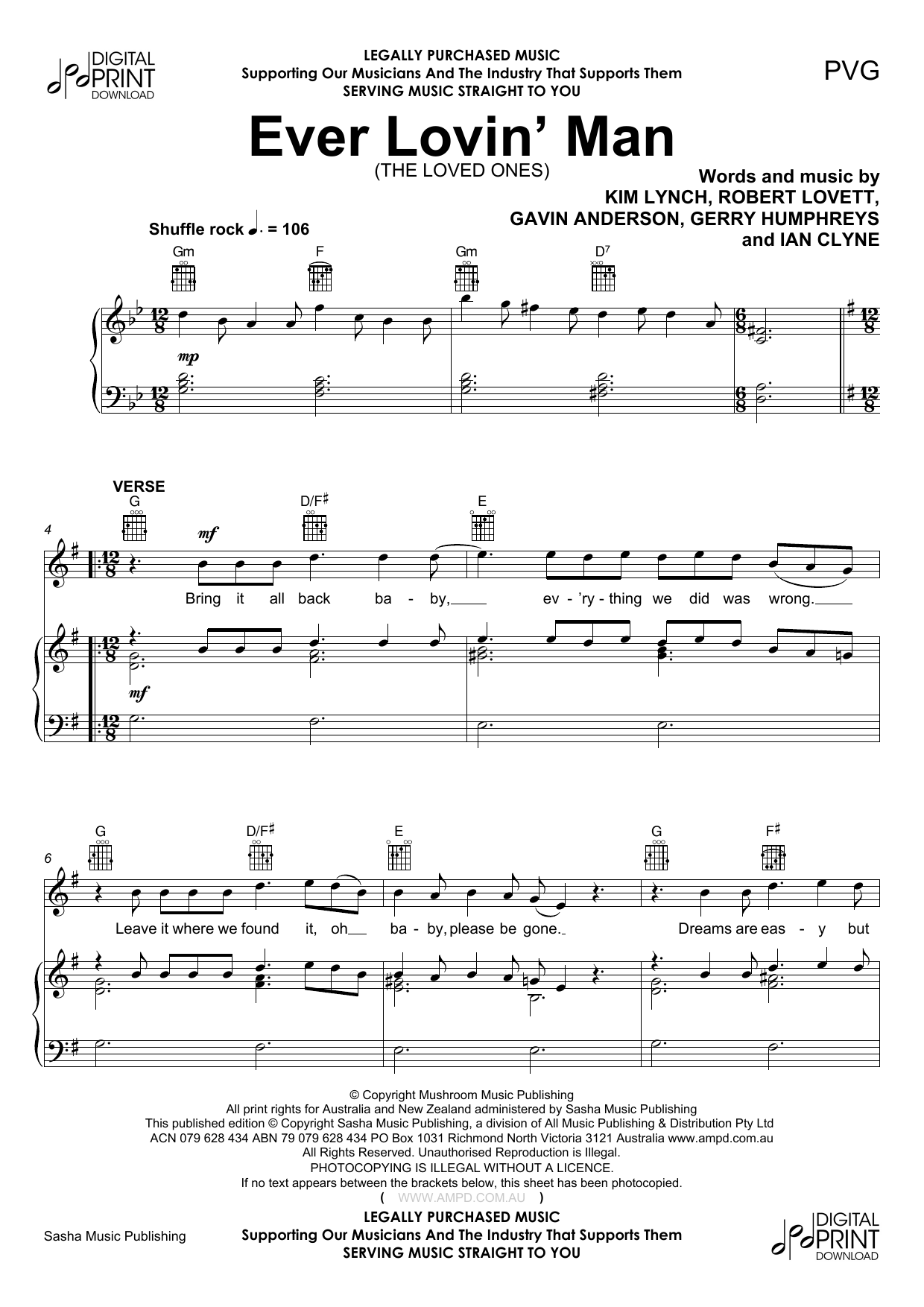 The Loved Ones Ever Lovin Man Sheet Music Notes & Chords for Piano, Vocal & Guitar (Right-Hand Melody) - Download or Print PDF