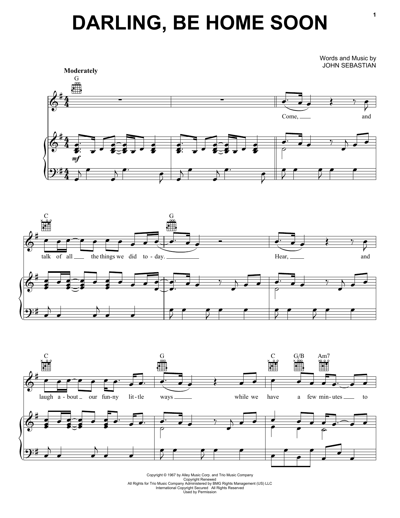 The Lovin' Spoonful Darling, Be Home Soon Sheet Music Notes & Chords for Piano, Vocal & Guitar (Right-Hand Melody) - Download or Print PDF