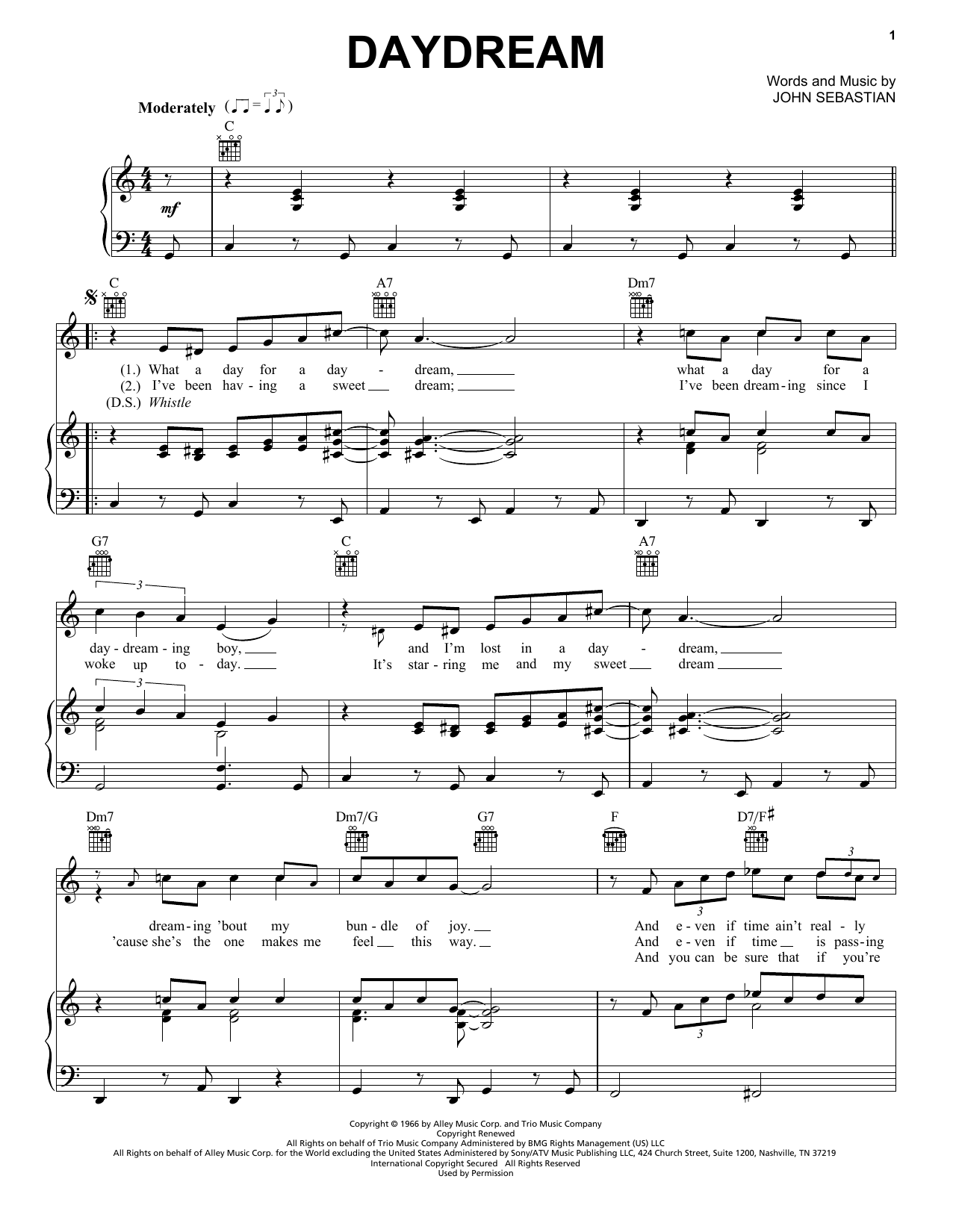 The Lovin' Spoonful Daydream Sheet Music Notes & Chords for Lyrics & Piano Chords - Download or Print PDF