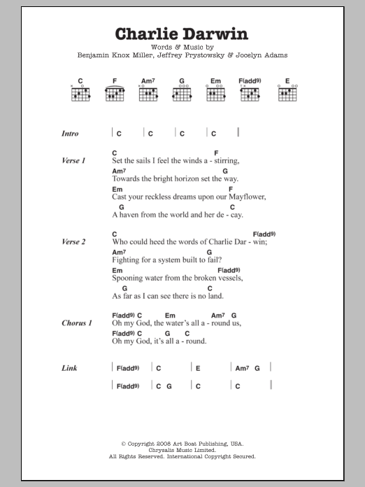 The Low Anthem Charlie Darwin Sheet Music Notes & Chords for Lyrics & Chords - Download or Print PDF