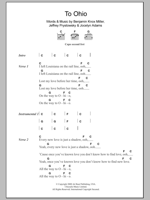 The Low Anthem To Ohio Sheet Music Notes & Chords for Lyrics & Chords - Download or Print PDF