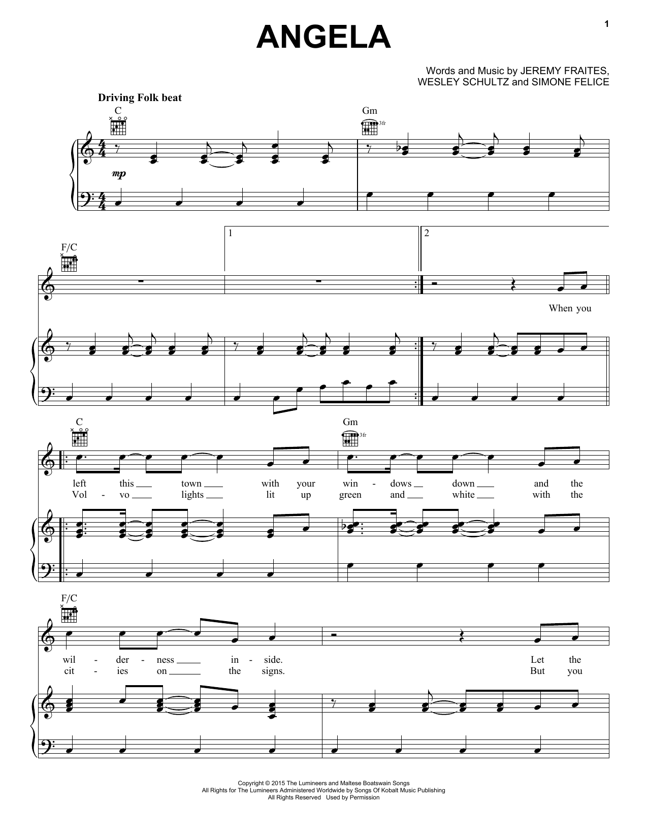 The Lumineers Angela Sheet Music Notes & Chords for Easy Piano - Download or Print PDF