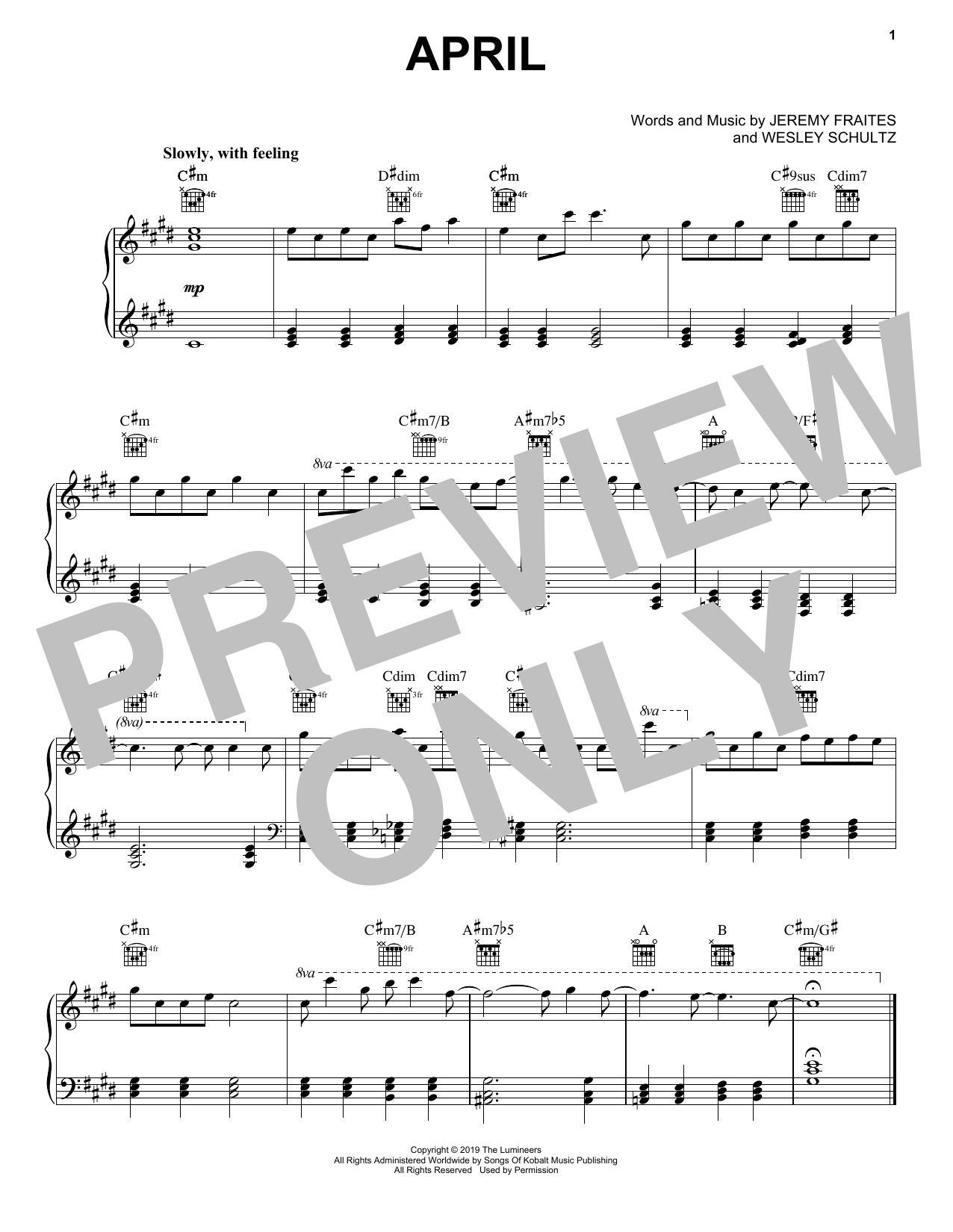 The Lumineers April Sheet Music Notes & Chords for Piano, Vocal & Guitar (Right-Hand Melody) - Download or Print PDF