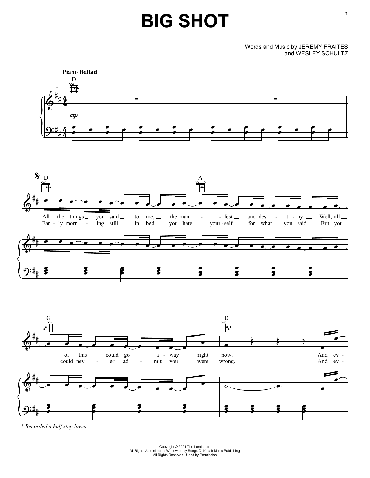 The Lumineers Big Shot Sheet Music Notes & Chords for Piano, Vocal & Guitar (Right-Hand Melody) - Download or Print PDF