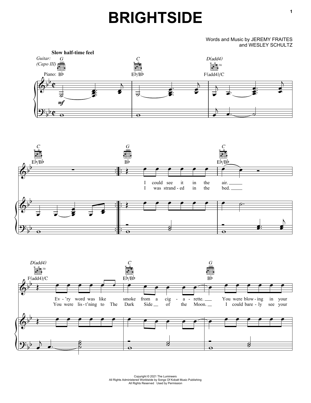 The Lumineers Brightside Sheet Music Notes & Chords for Piano, Vocal & Guitar (Right-Hand Melody) - Download or Print PDF